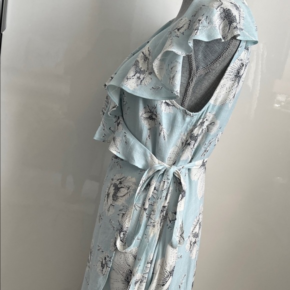 Free People NWOT Floral Ruffle Midi Wrap Dress in Light Blue and White, Size L - Picture 7 of 15